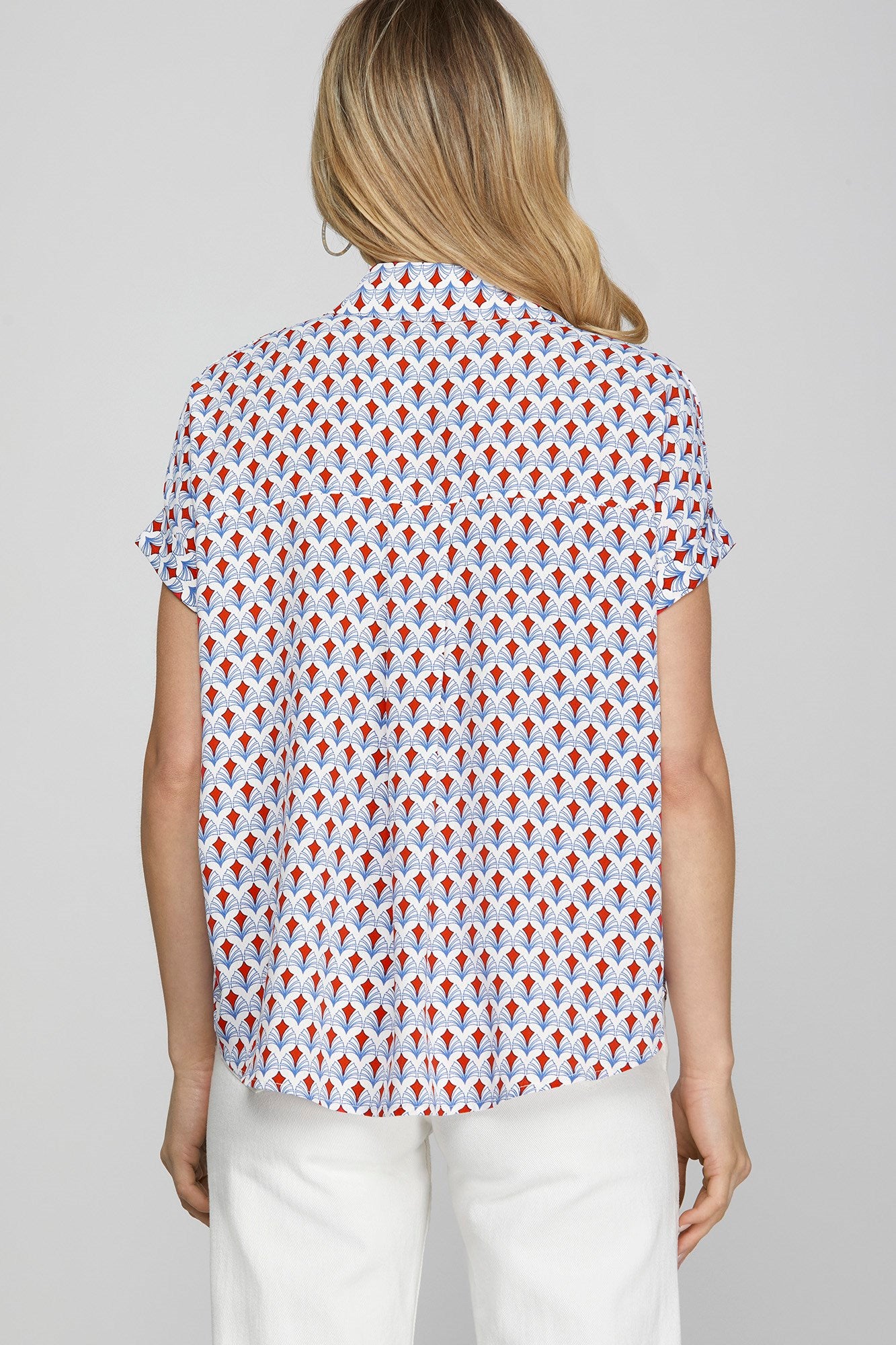 Collar Printed Top-Red/Blue