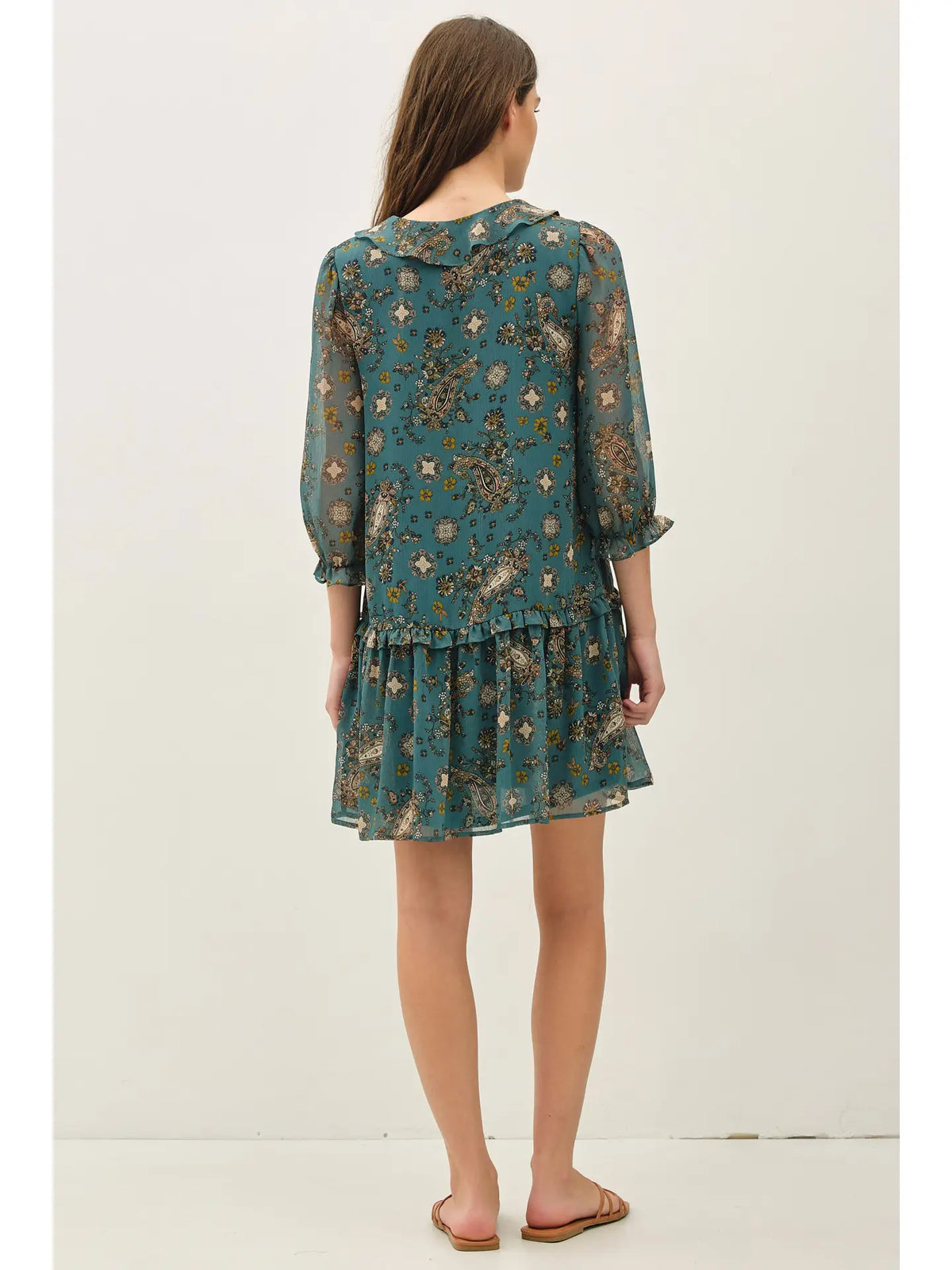 Paisley Print Ruffle Mini Dress- Teal