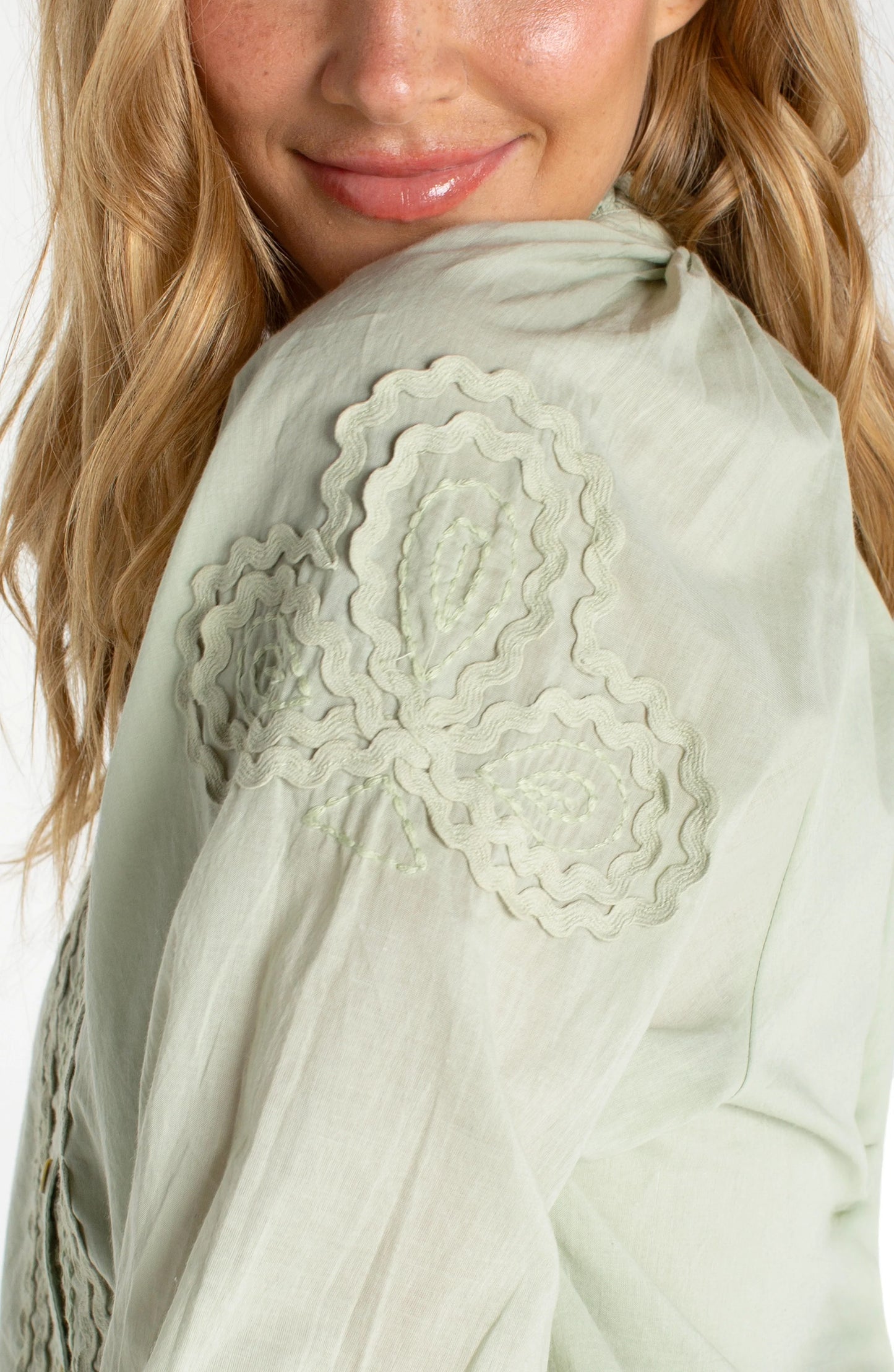3/4 Sleeve Button Front Woven Top- Matcha