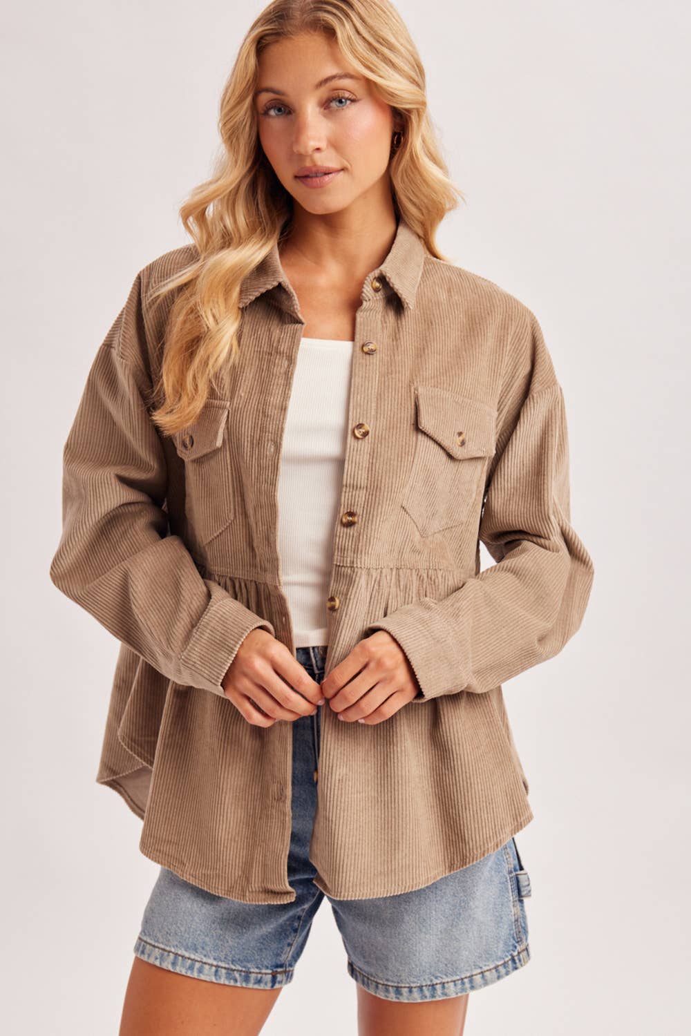 Corduroy Peplum Shacket-Camel