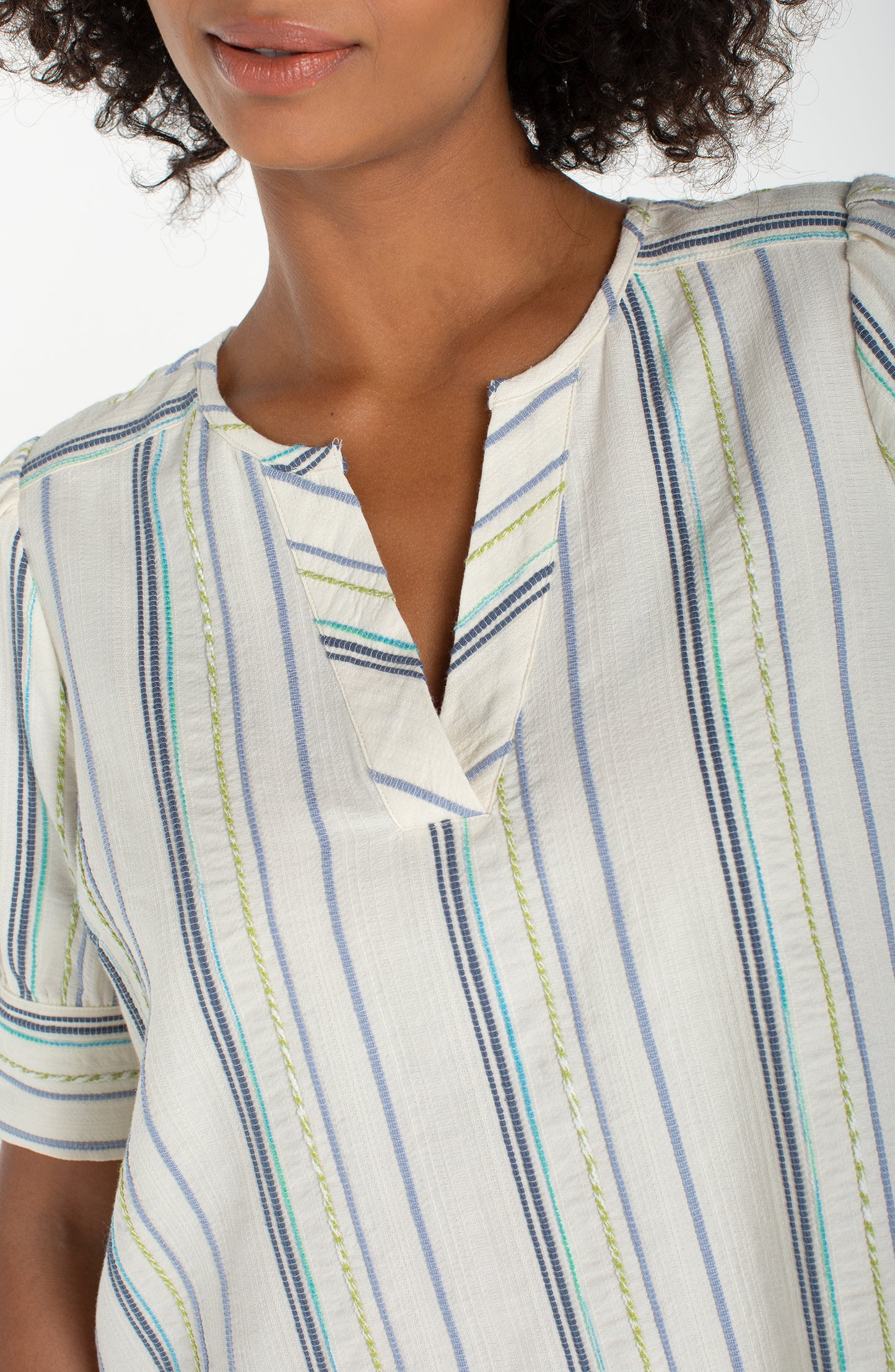 Short Sleeve Pop Over Top- Cream/Blue