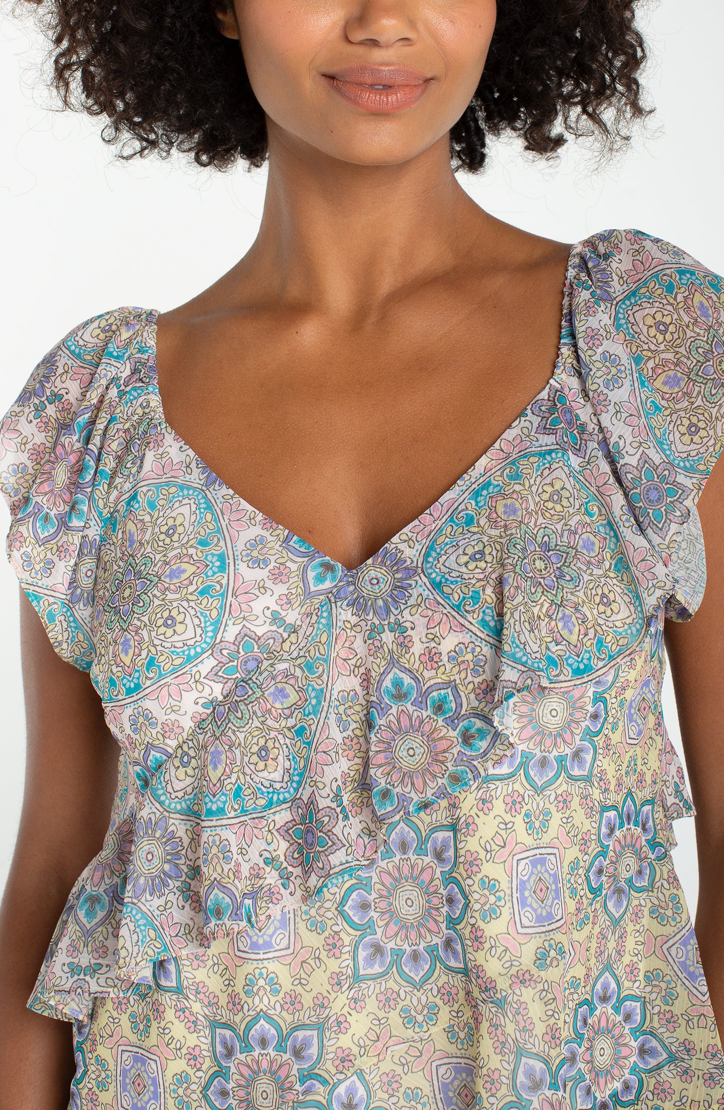 Flutter Sleeve Draped Blouse- Cream Multi