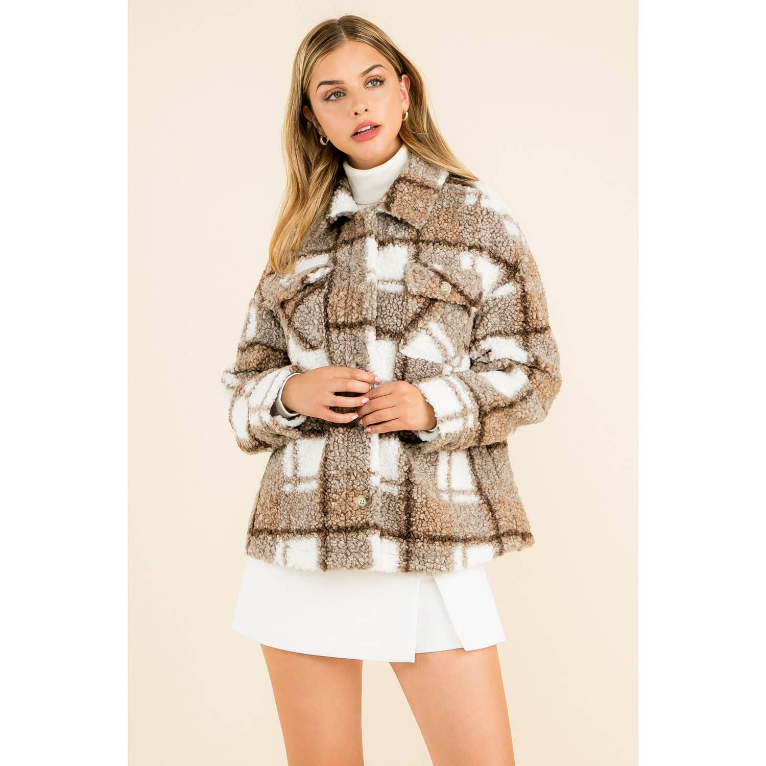 Sherpa Plaid Button Jacket-Brown