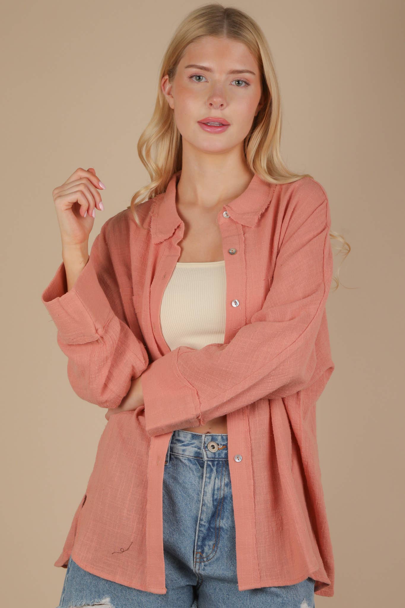 Dolman Sleeve Button Down Gauze Shirt-Blush