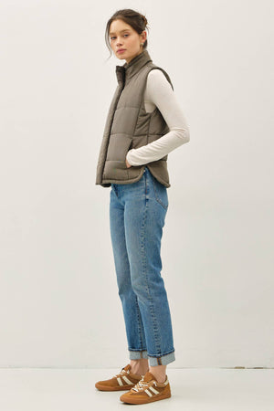 Suede Puffer Vest-Olive