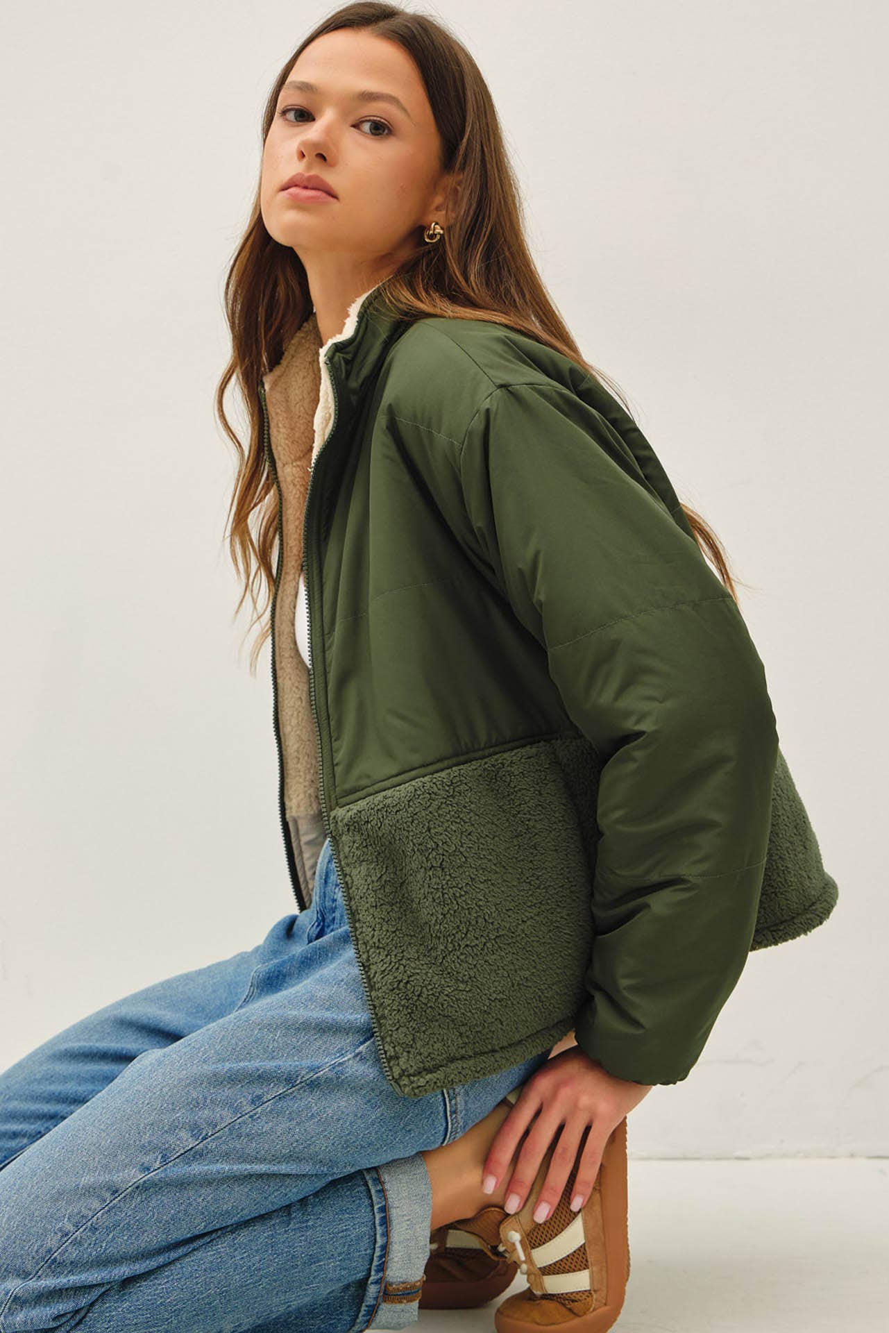 Reversible Sherpa Block Puffer Green/Tan