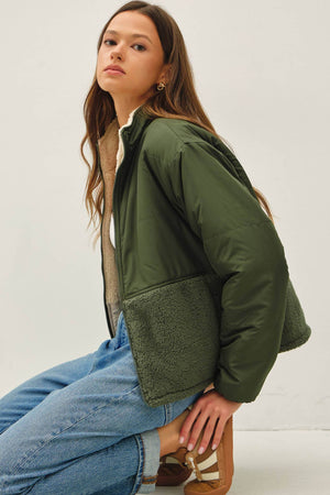 Reversible Sherpa Block Puffer Green/Tan