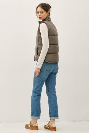Suede Puffer Vest-Olive