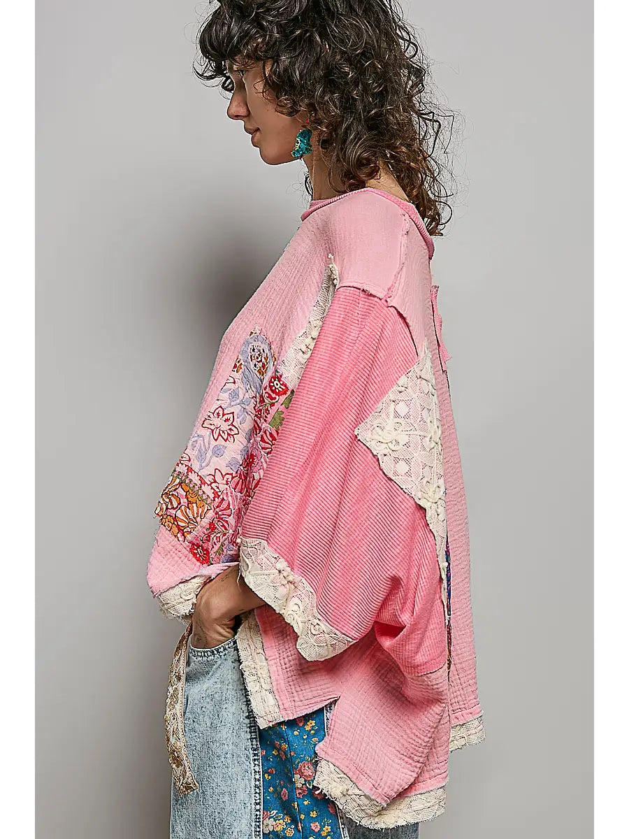 Round Neck Double Gauze Floral Woven Top