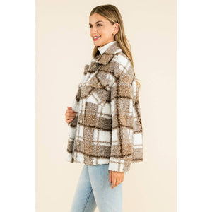Sherpa Plaid Button Jacket-Brown
