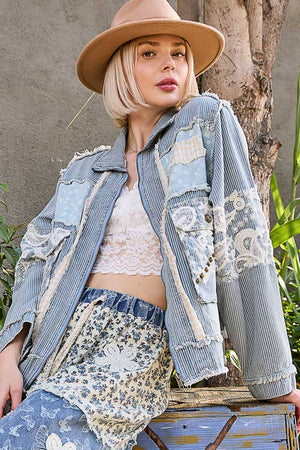 The Alexa Lace Patchwork Jacket-Stripped Denim