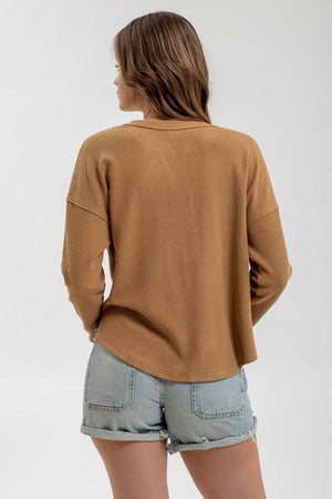 Half Button V-Neck Top-Almond