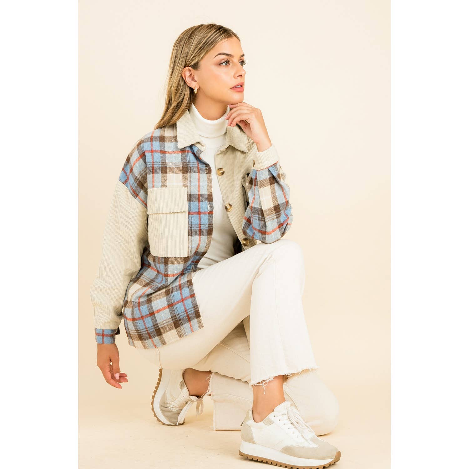 Mixed Media Button Up Jacket-Beige