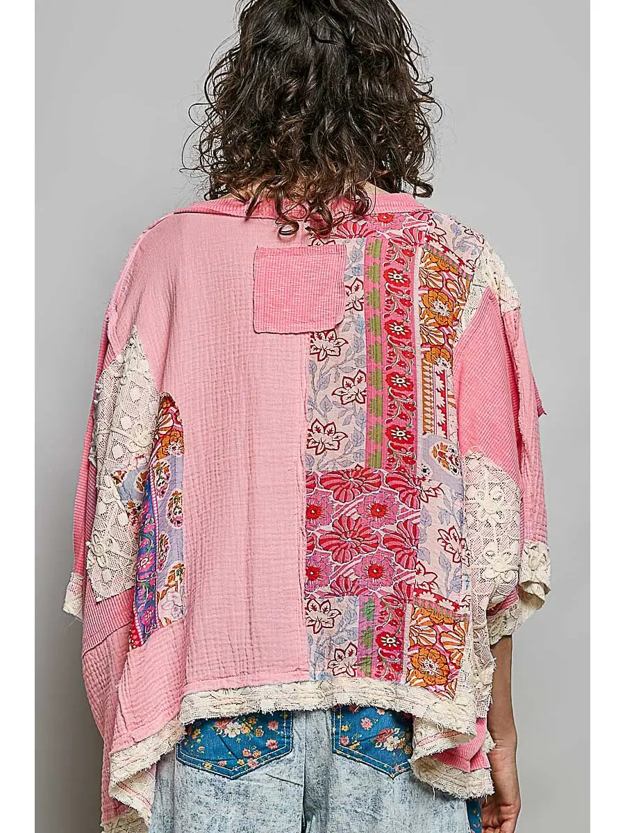 Round Neck Double Gauze Floral Woven Top