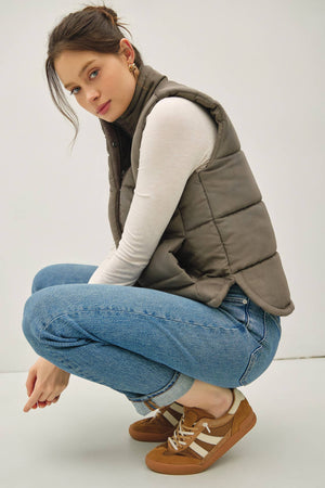 Suede Puffer Vest-Olive
