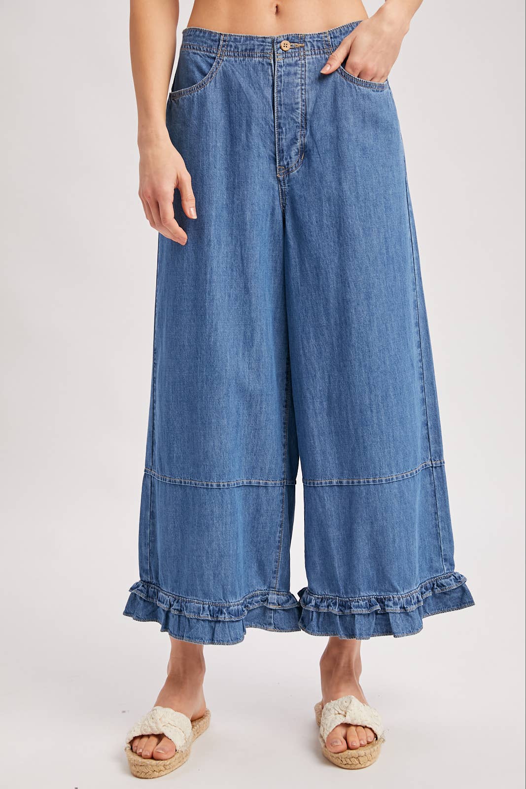 Wide Leg Ruffle Hem Jeans-Medium