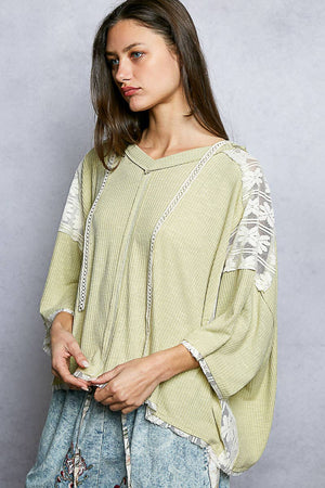 Lace Patch V-Neck Top-Sage