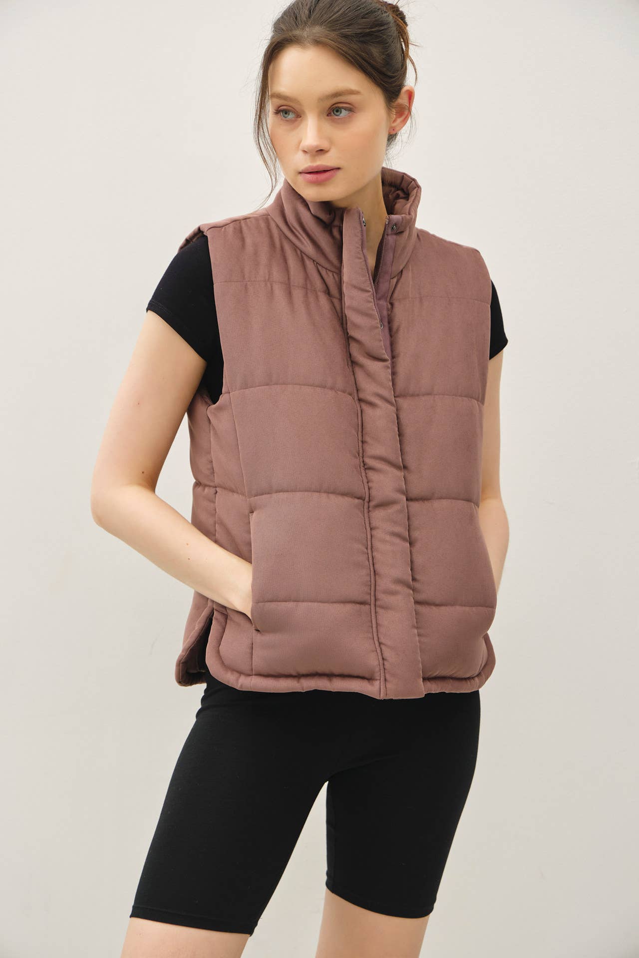 Suede Puffer Vest-Cocoa