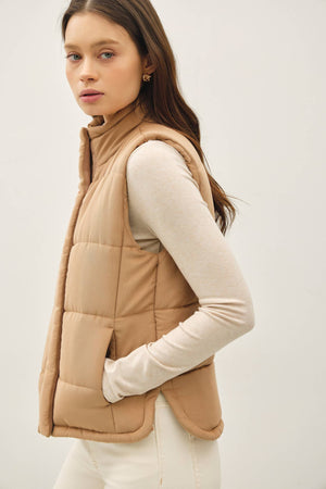 Suede Puffer Vest-Camel
