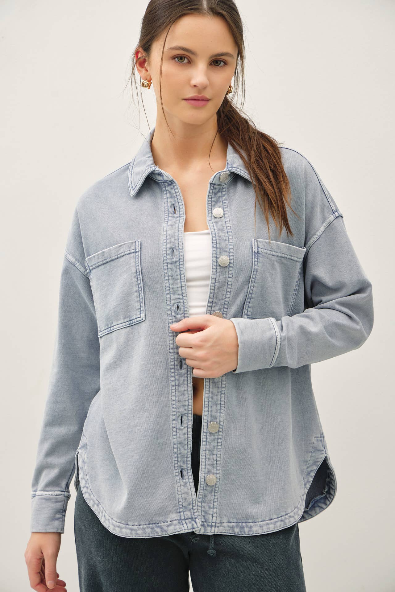 Garment Dyed Cotton Shacket/Light Denim