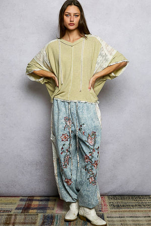 Lace Patch V-Neck Top-Sage