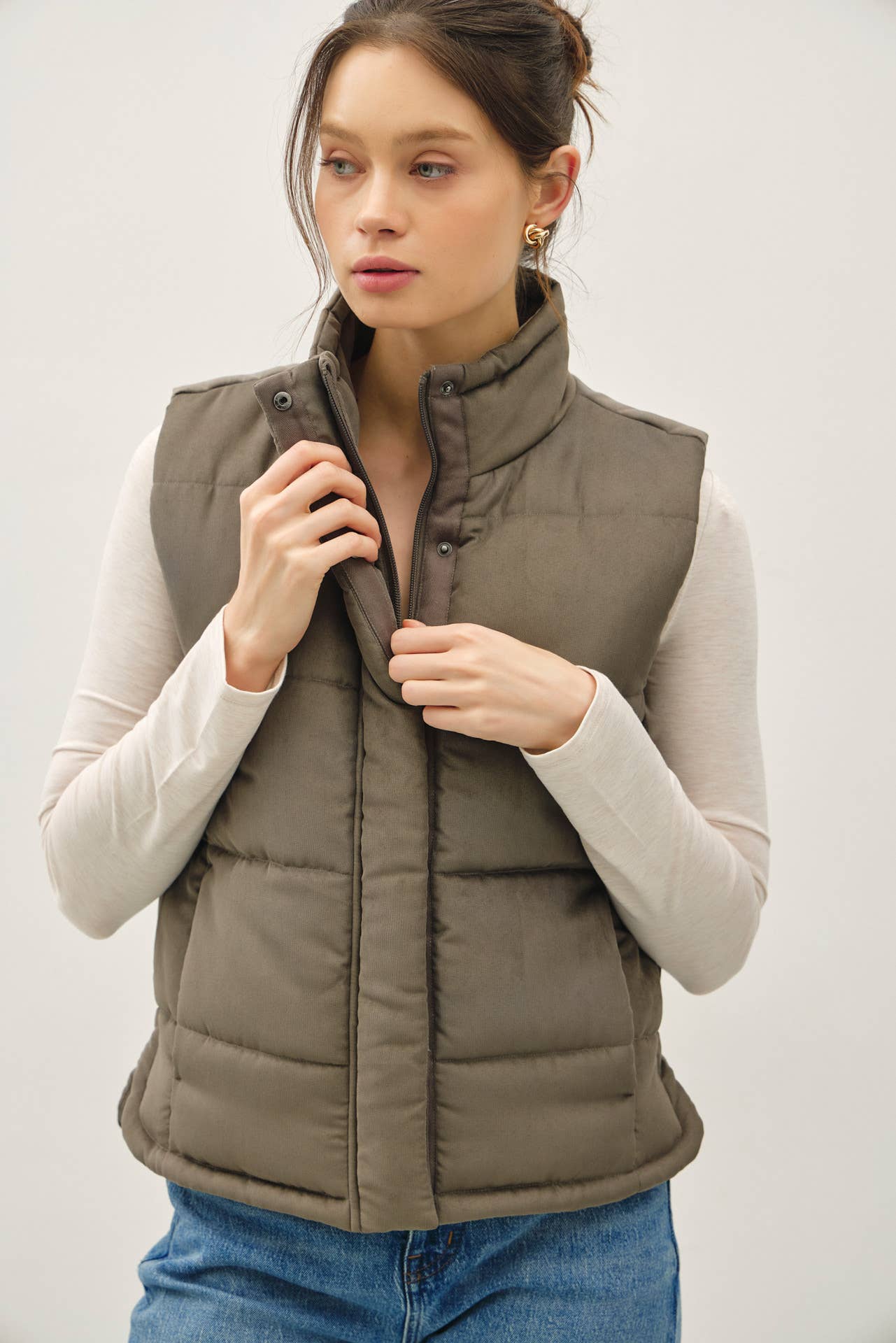 Suede Puffer Vest-Olive