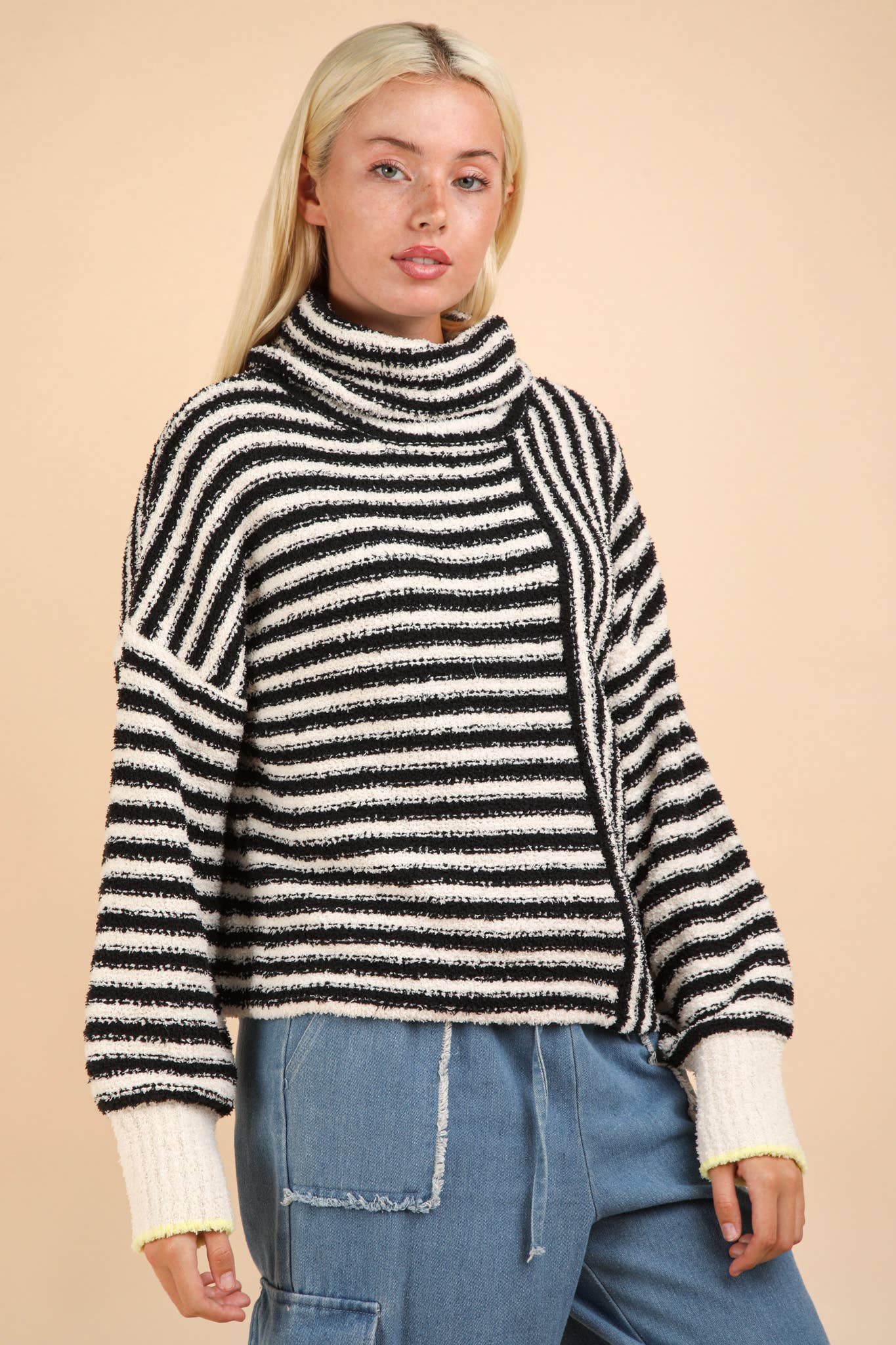 Mock Neck Soft Striped-Black