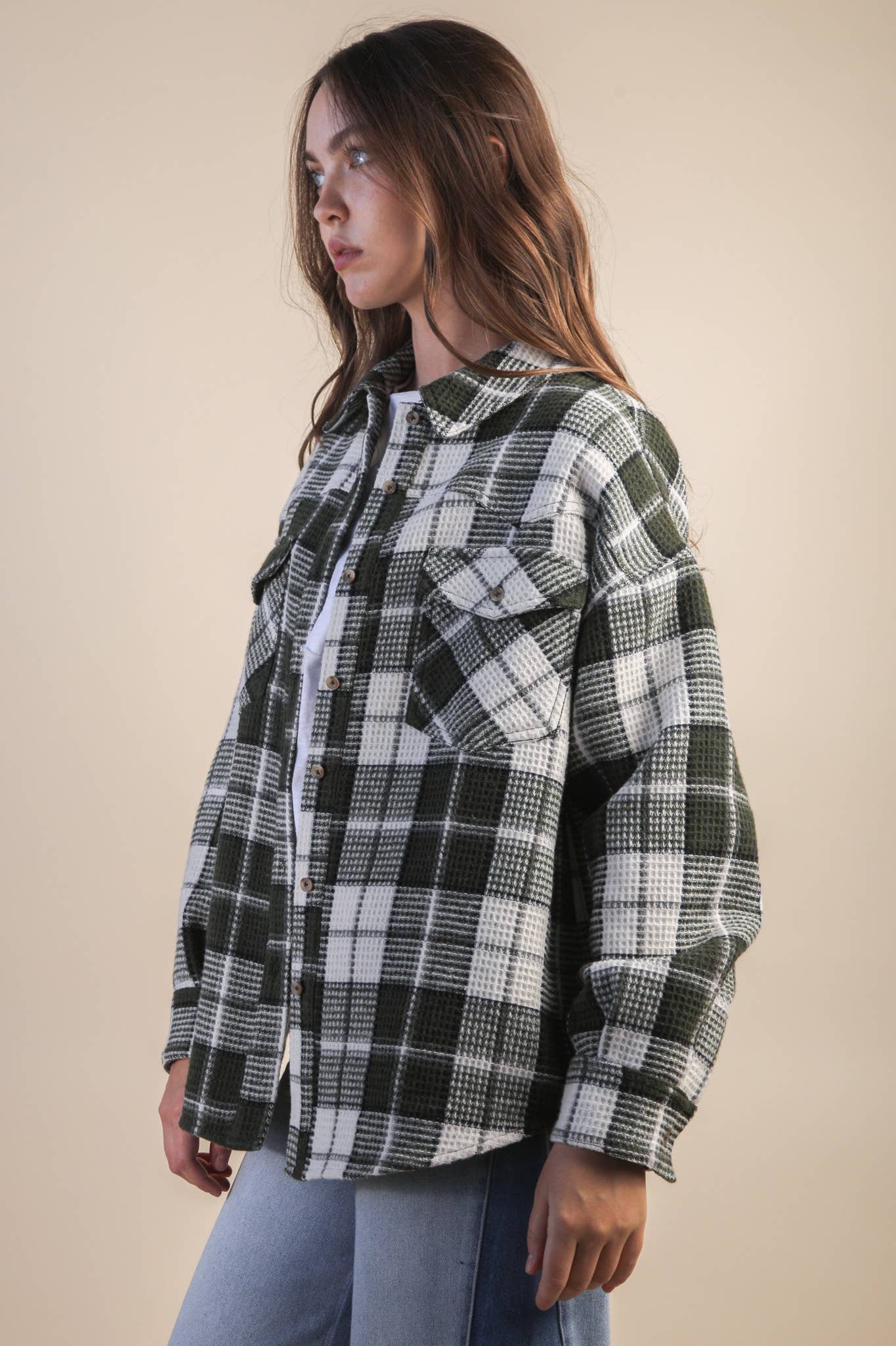 Checkered Casual Flannel Shacket -Olive