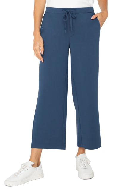 Pull On Wide Leg Crop Trouser- Prussian Blue