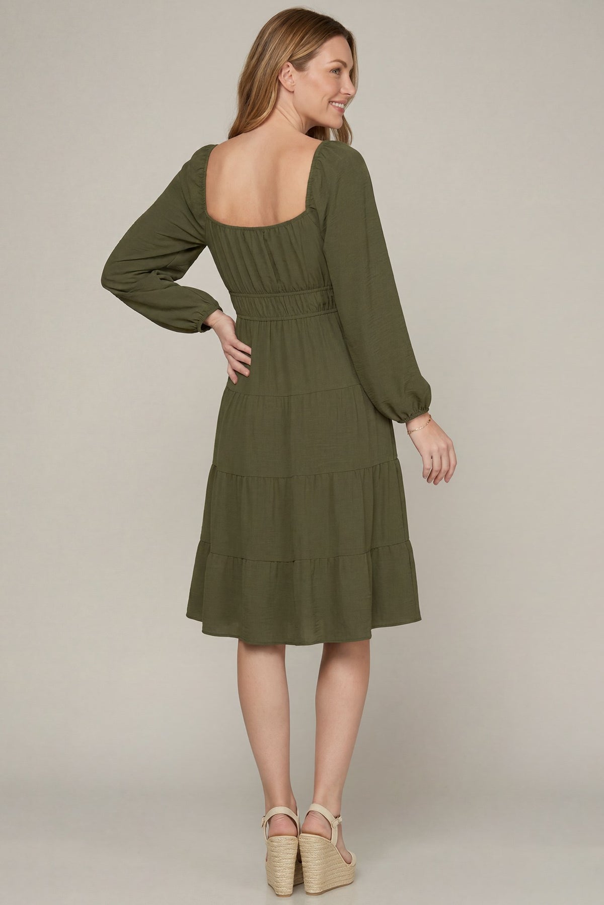 Balloon Sleeve Midi Dress- Olive
