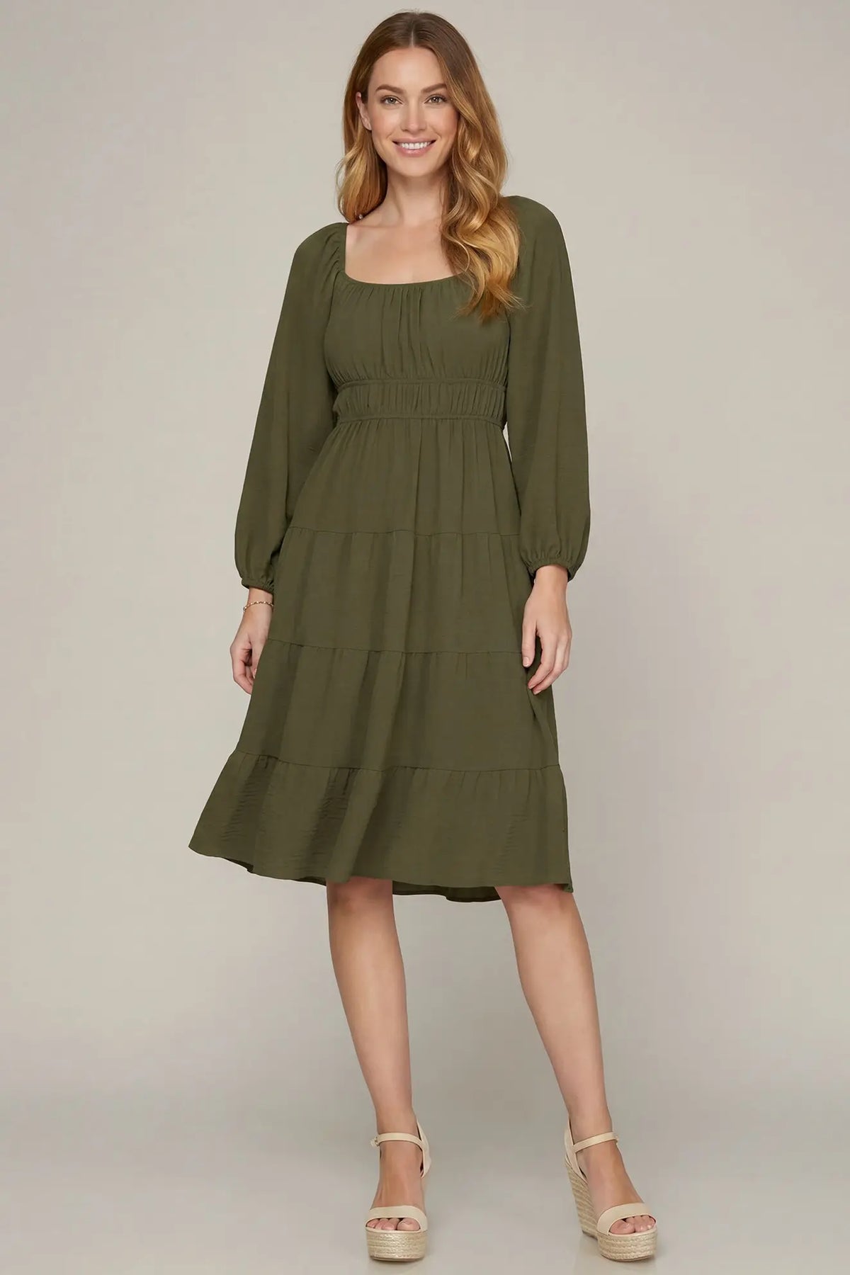 Balloon Sleeve Midi Dress- Olive