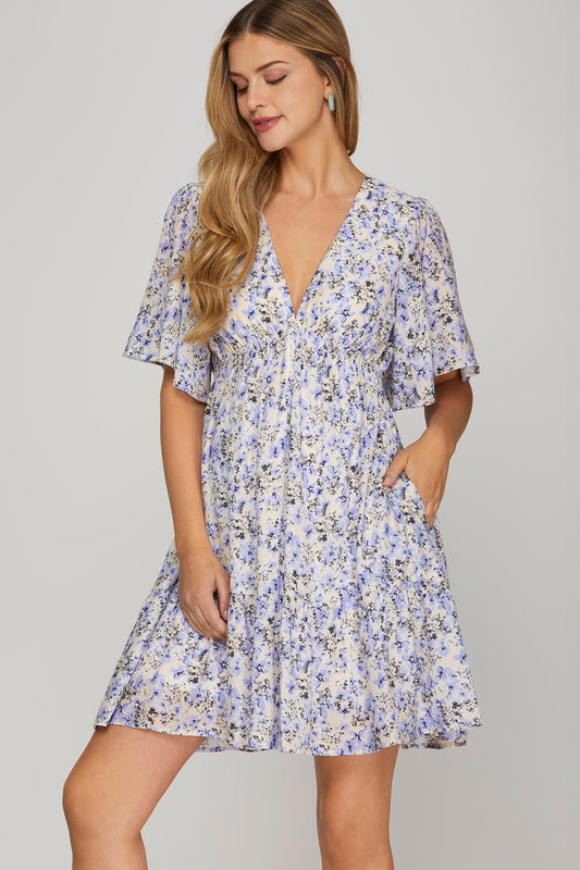 Bell Sleeve Mini Dress-Blue Floral
