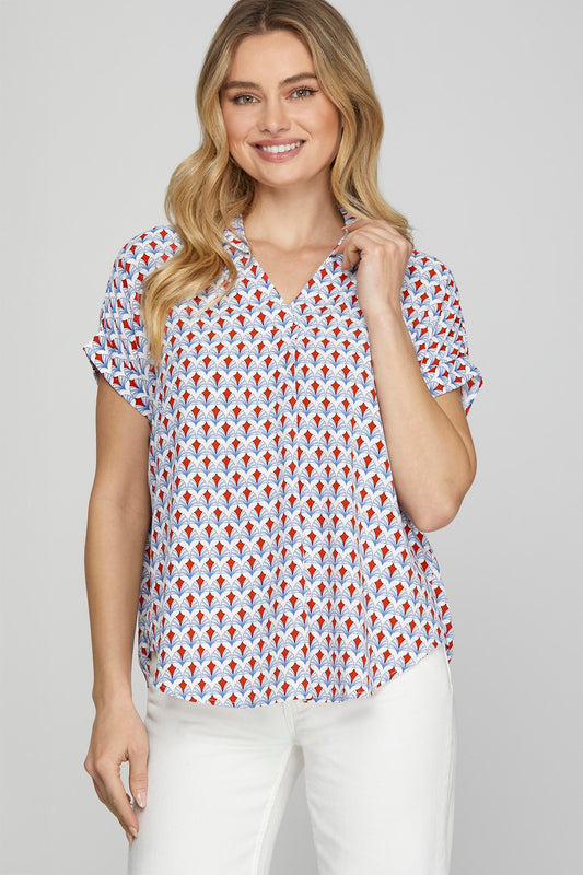 Collar Printed Top-Red/Blue