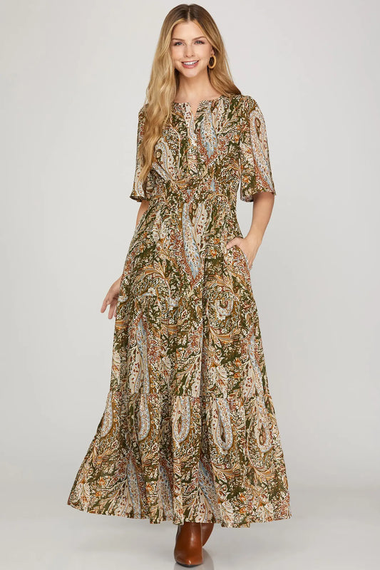 Olive Paisley Maxi Dress