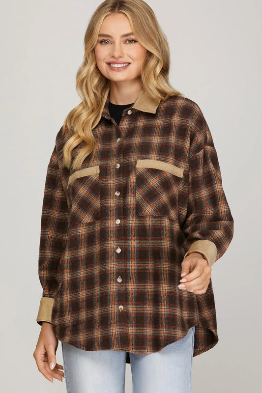 Plaid Shacket- Brown