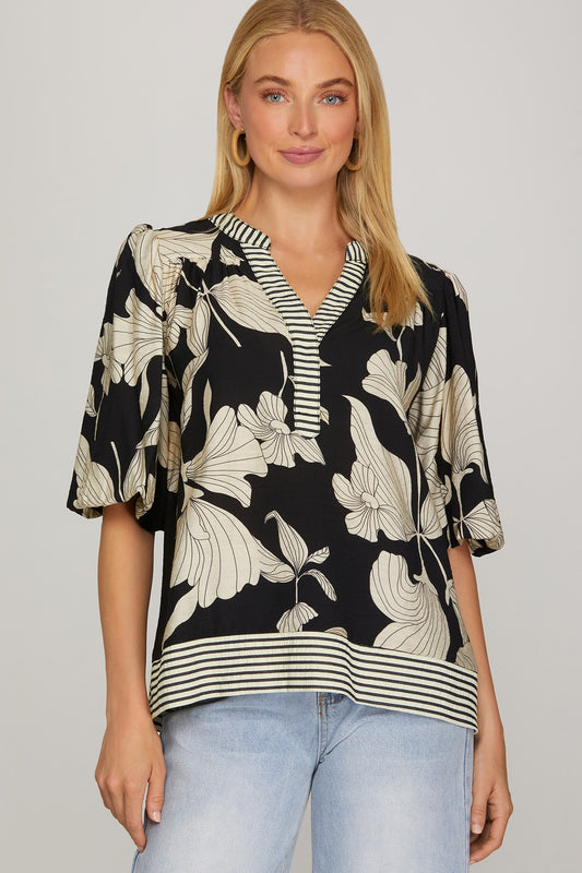 Bubble Sleeve Floral Blouse- Black