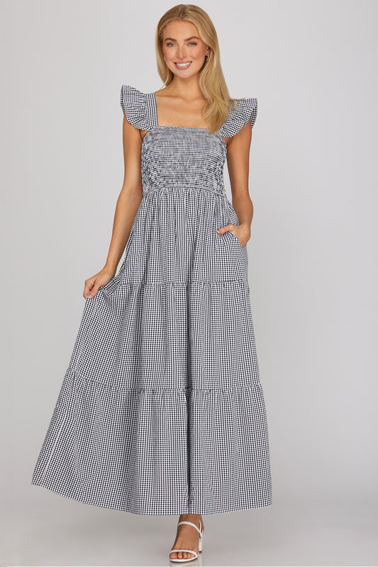 Gingham Maxi Dress- Navy