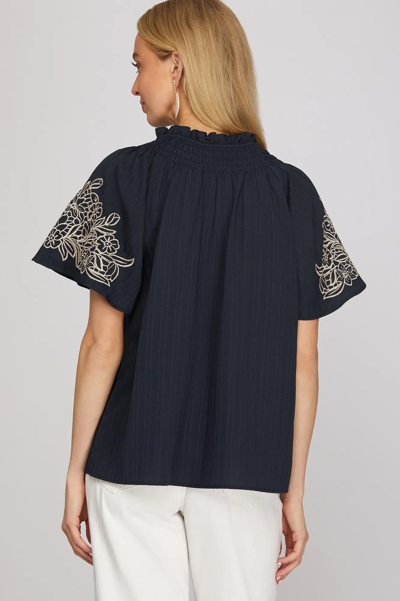 Embroidered Blouse- Navy