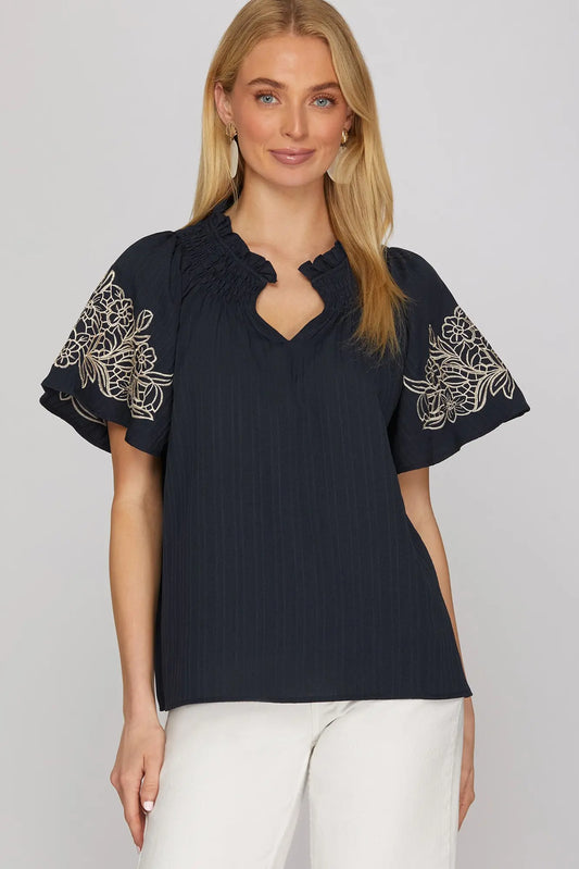 Embroidered Blouse- Navy