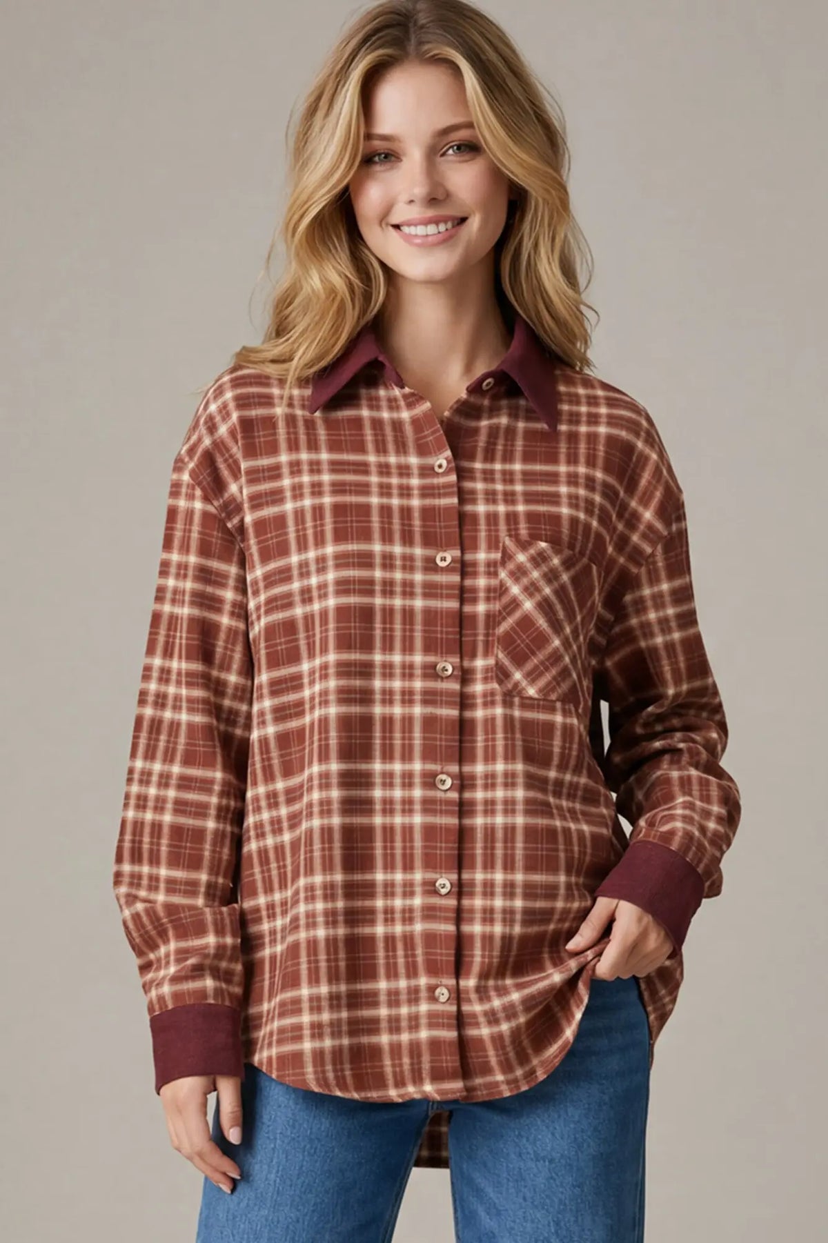 Plaid Button Down- Wine