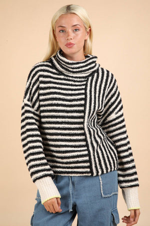 Mock Neck Soft Striped-Black