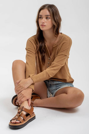 Half Button V-Neck Top-Almond