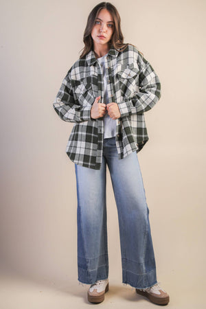 Checkered Casual Flannel Shacket -Olive