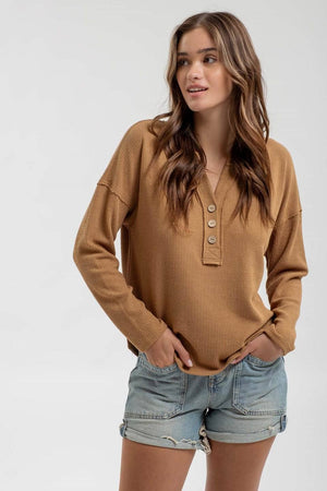 Half Button V-Neck Top-Almond