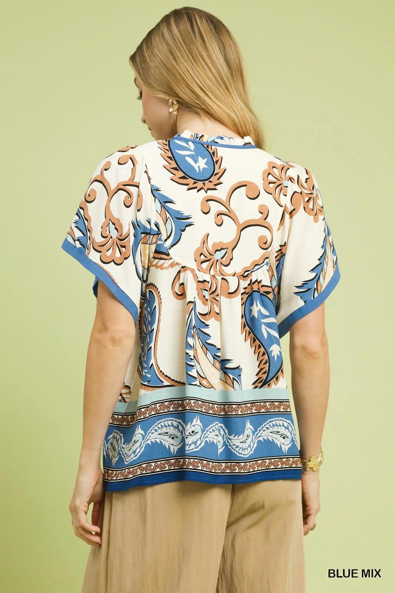 Paisley Border Print Top- Blue