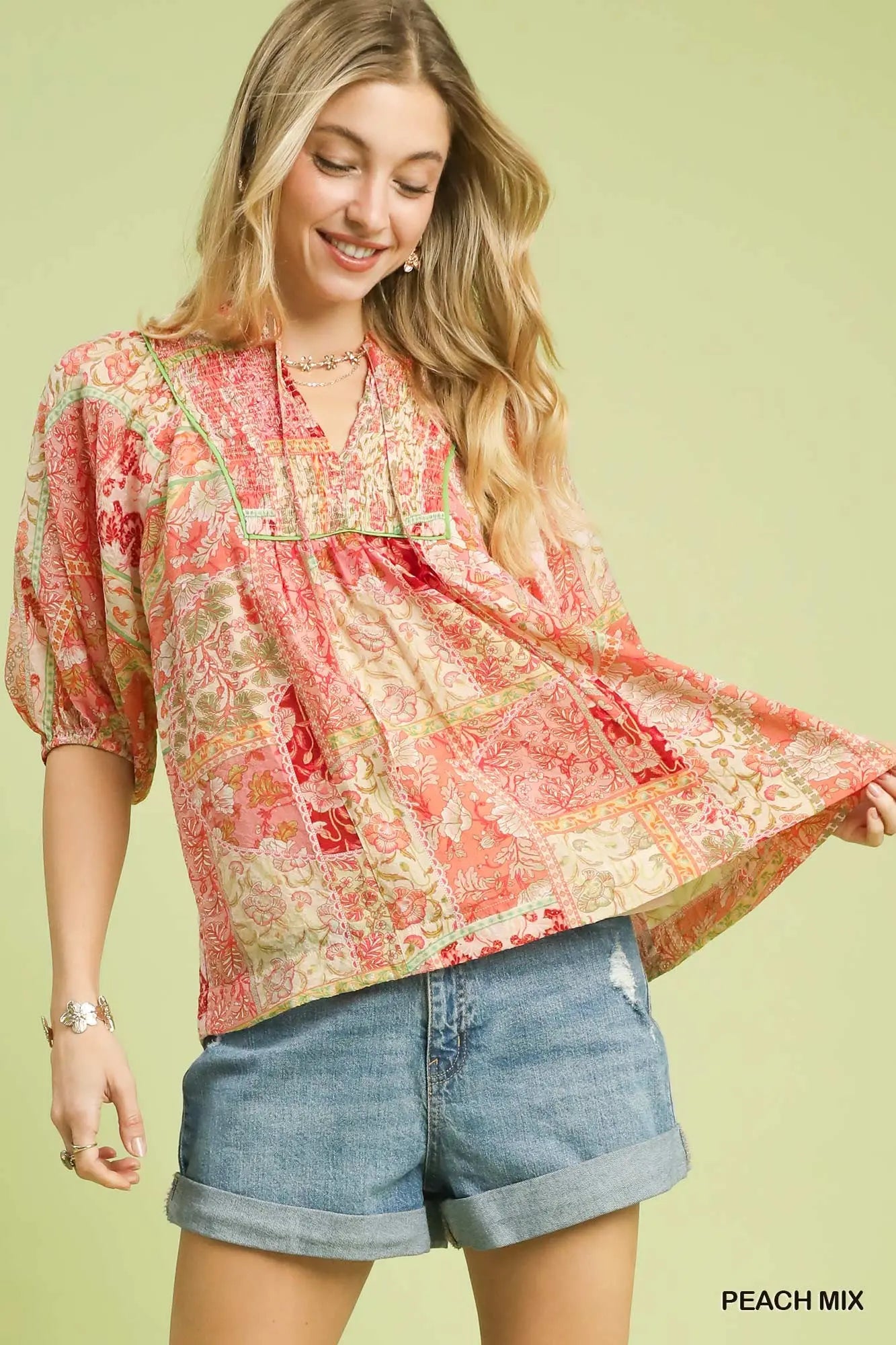 Patchwork Smocked Peasant Top