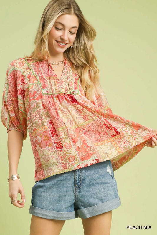 Patchwork Smocked Peasant Top