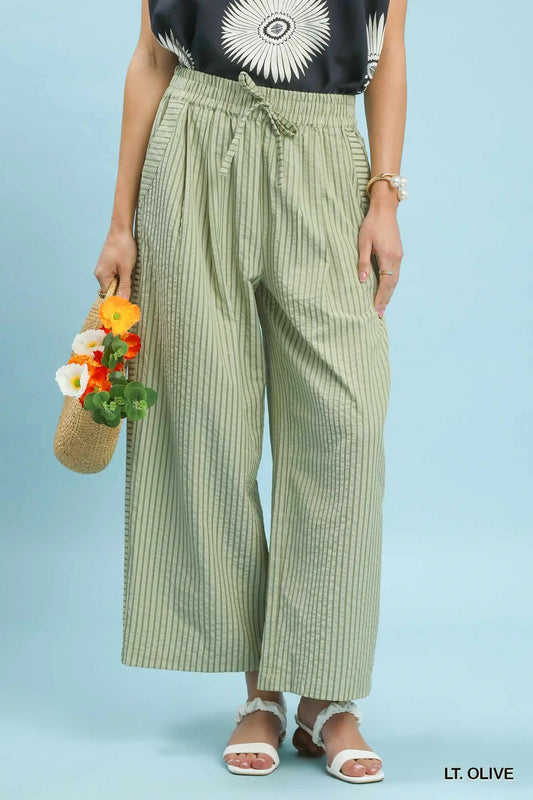 Striped Wide-Leg Pants- Light Olive