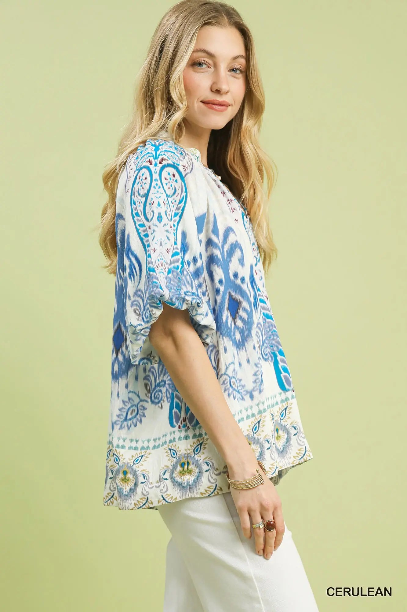 Boho Border Print Top- Cerulean