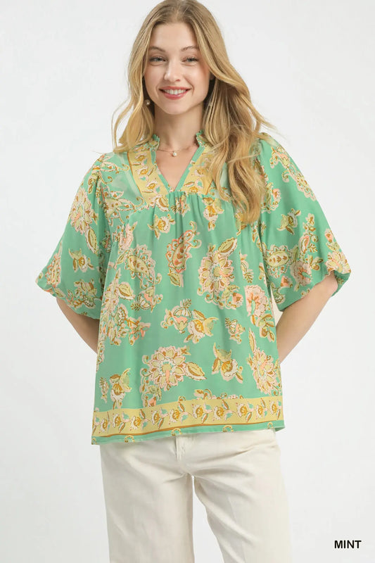 Floral Boho Blouse- Mint